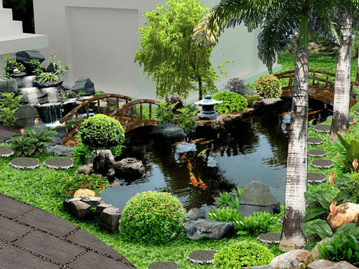 Thiết kế hòn non bộ với hồ cá koi