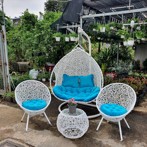 Góc sân vườn thư giãn với xích đu và tiểu cảnh xanh