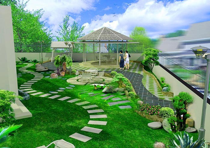Tiểu cảnh sân thượng sang trọng với bồn hoa và đèn trang trí