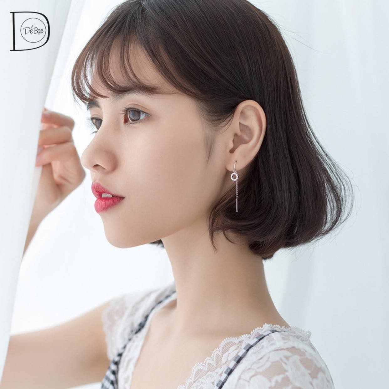 Khuyên tai bạc Circle thả xích K5635