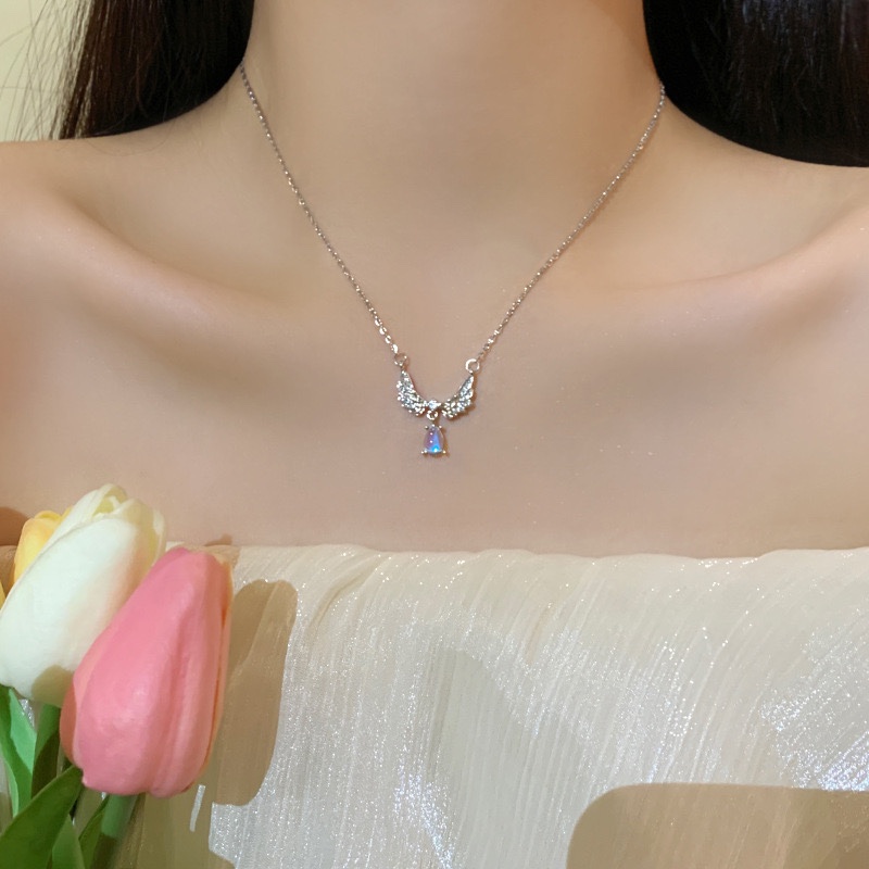 Dây chuyền bạc 925 cánh thiên thần đá moonstone giọt lệ BA