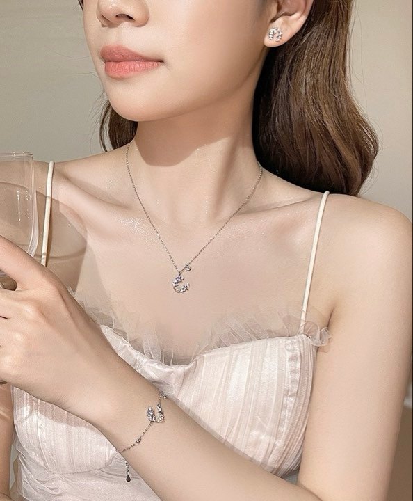 Bộ trang sức bạc Dây và Khuyên Moonstone Nàng Tiên Cá Sao Biển - Bạc 925 xi vàng trắng - Z36