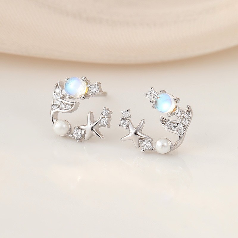 Bộ trang sức bạc Dây và Khuyên Moonstone Nàng Tiên Cá Sao Biển - Bạc 925 xi vàng trắng - Z36