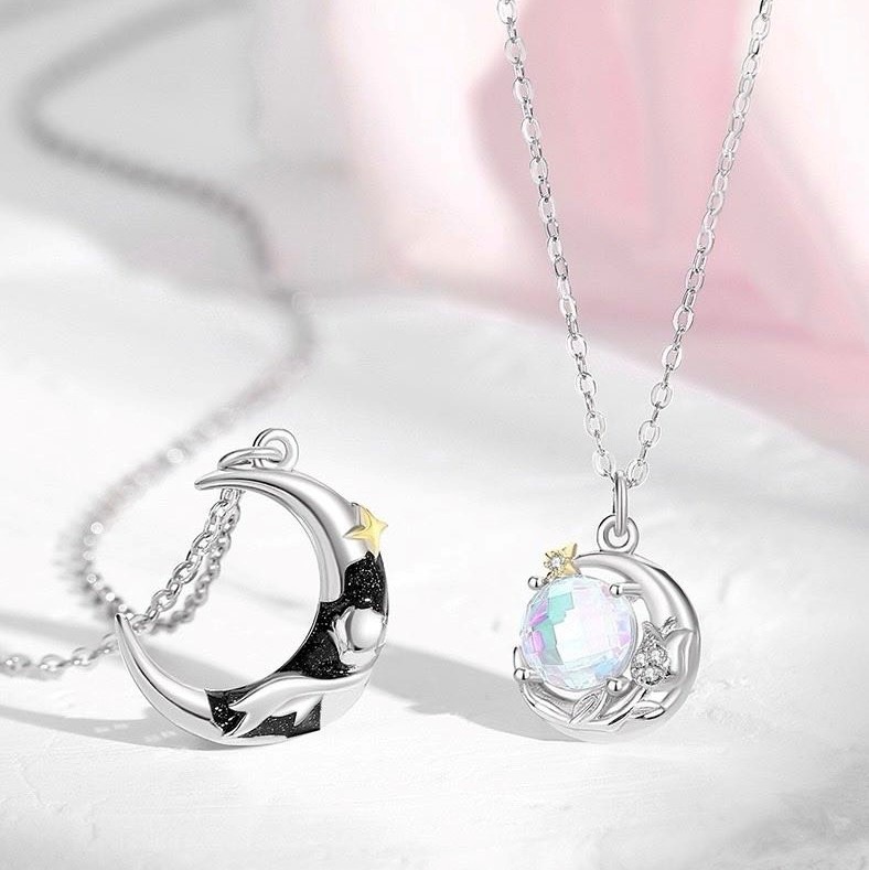 Dây chuyền bạc đôi Moonstone Trăng Khuyết - bạc 925 xi vàng trắng -Z36