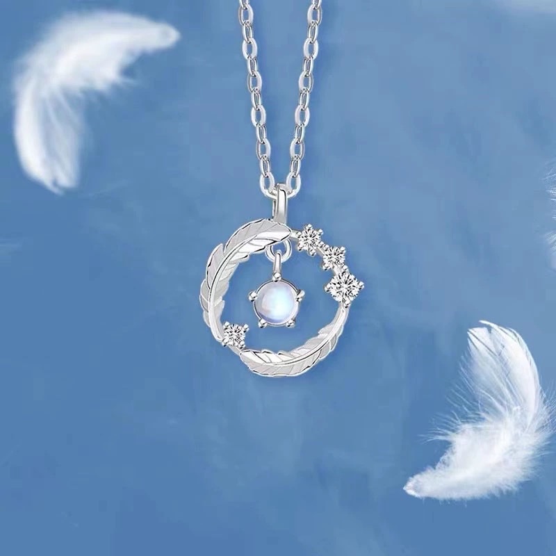 Dây chuyền bạc 925 lông vũ đá moonstone BA