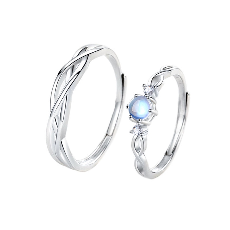 Nhẫn đôi bạc 925 xi vàng trắng đan sóng trơn, nhẫn nữ đá chủ Moonstone - free size - Nhẫn đôi nam nữ