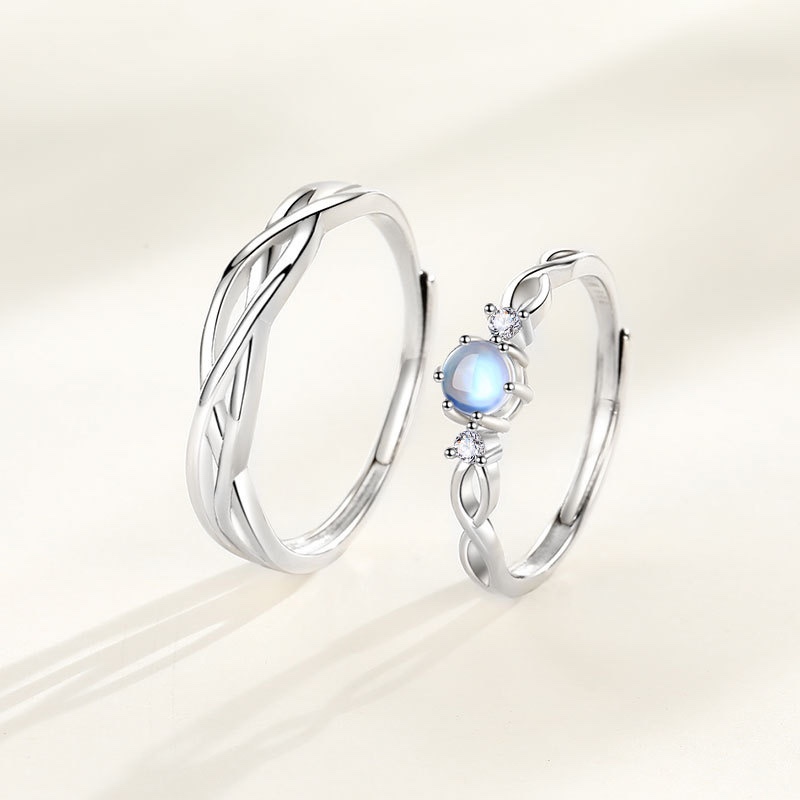 Nhẫn đôi bạc 925 xi vàng trắng đan sóng trơn, nhẫn nữ đá chủ Moonstone - free size - Nhẫn đôi nam nữ