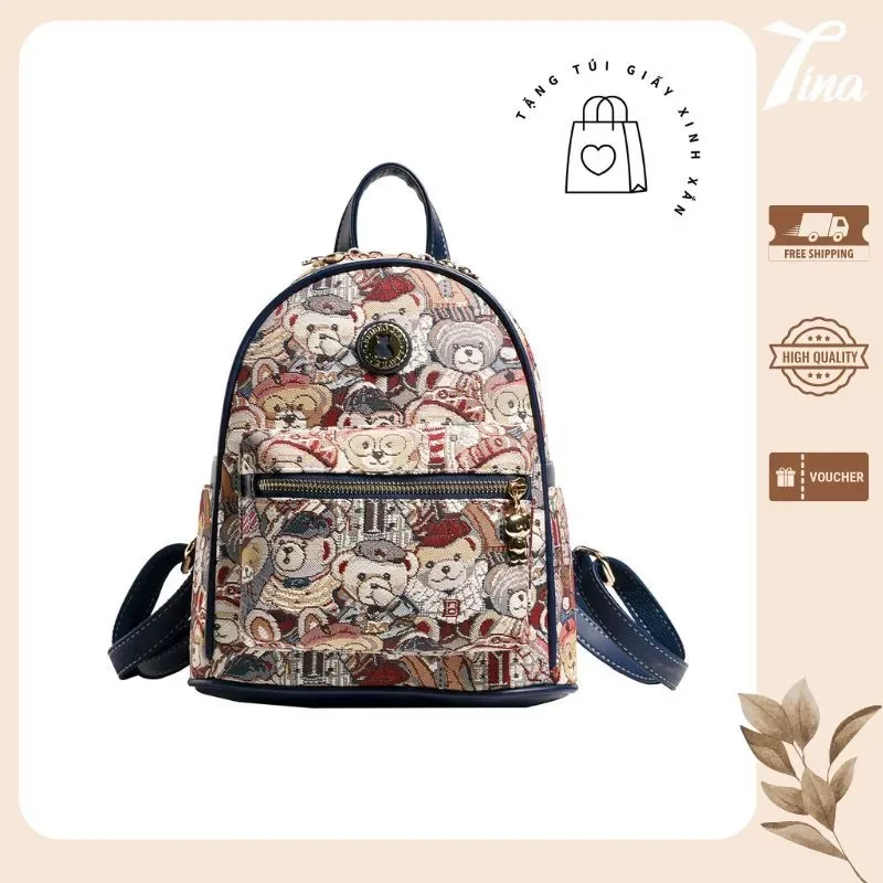 Ba lô nữ BEIBAO Berri hoạt tiết gấu vải canvas BP196 Tina Shop