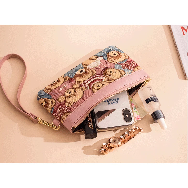 Ví nữ ngắn vải thêu cao cấp hoạ tiết gấu đẹp ERANGBEAR cầm tay Tina Shop EB006