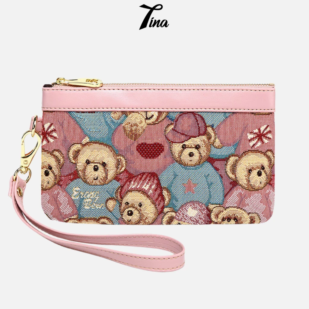 Ví nữ ngắn vải thêu cao cấp hoạ tiết gấu đẹp ERANGBEAR cầm tay Tina Shop EB006