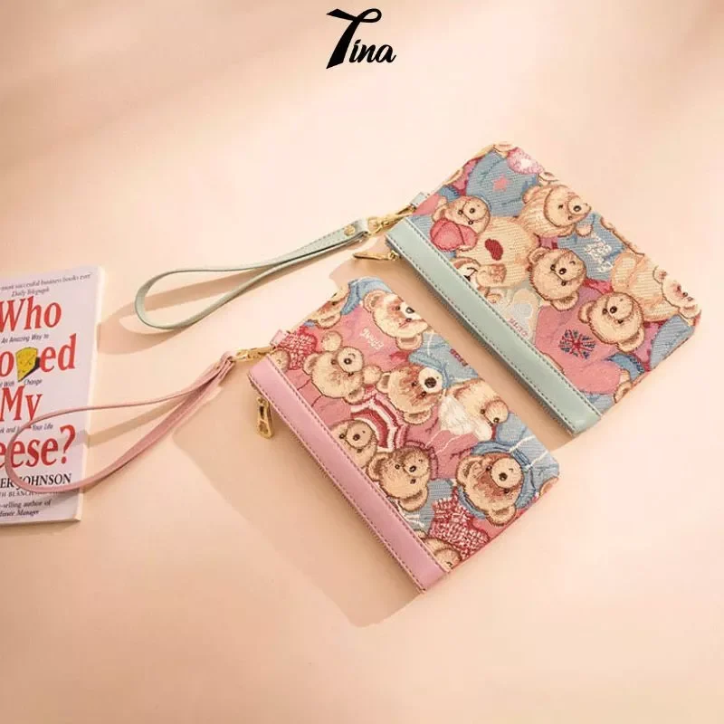 Ví nữ ngắn vải thêu cao cấp hoạ tiết gấu đẹp ERANGBEAR cầm tay Tina Shop EB006