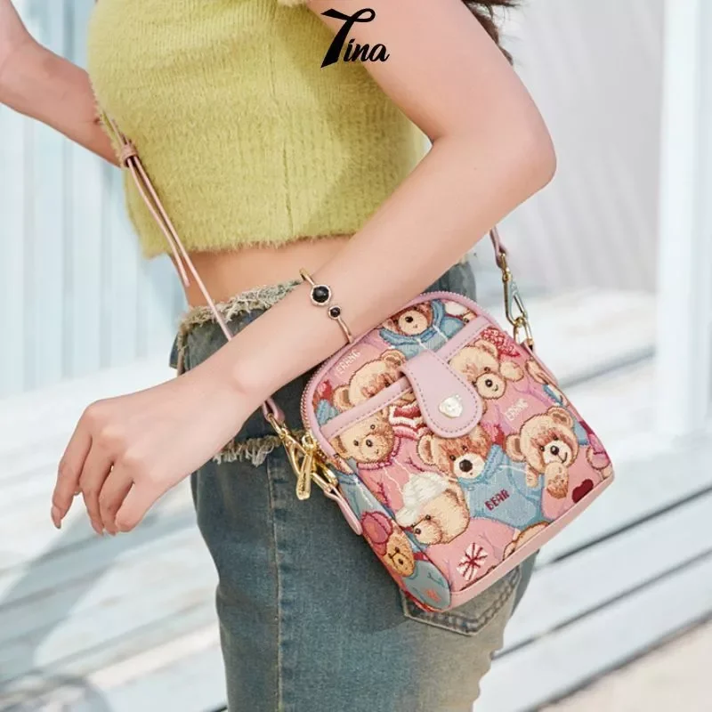 Túi xách nữ ERANGBEAR vải thêu gấu nhỏ gọn đi chơi EB026