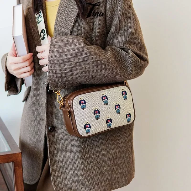 Túi xách nữ ERANGBEAR thêu gấu Double Zips nhỏ xinh tiện dụng TX092