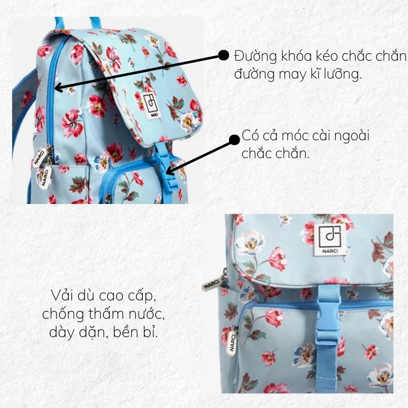 Ba lô nữ hoa NARCI chống thấm nước,đựng vừa laptop dễ thương Tina Shop N010
