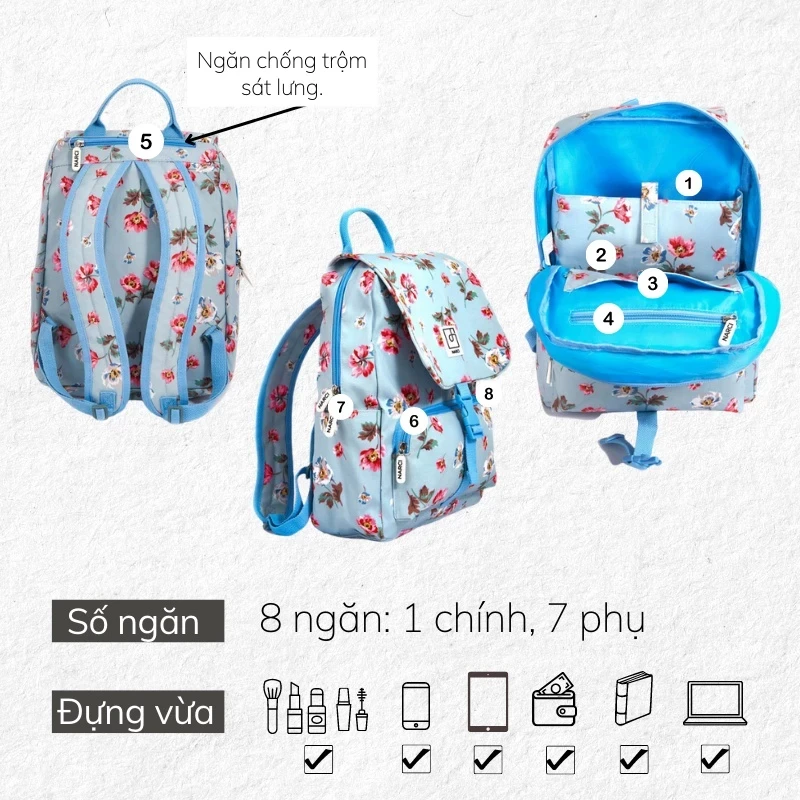 Ba lô nữ hoa NARCI chống thấm nước,đựng vừa laptop dễ thương Tina Shop N010