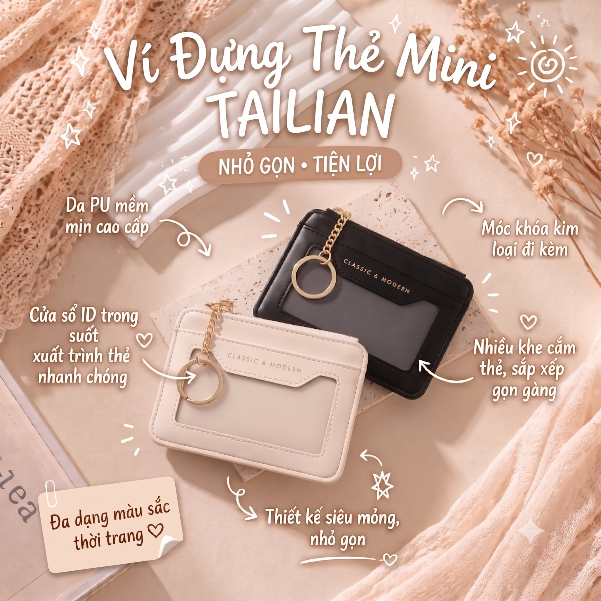 Ví nữ TAILIAN đựng thẻ card kèm móc khoá nhiều màu pastel W251