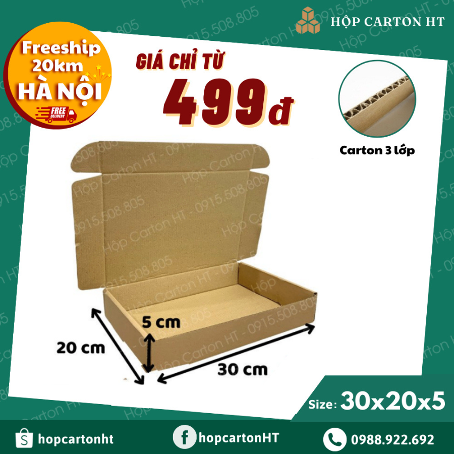 Hộp carton E 2 nâu  nắp cài chùm 30x20x5