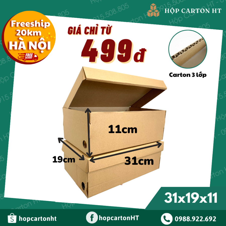 Hộp carton E 2 nâu nắp cài 31x19x11