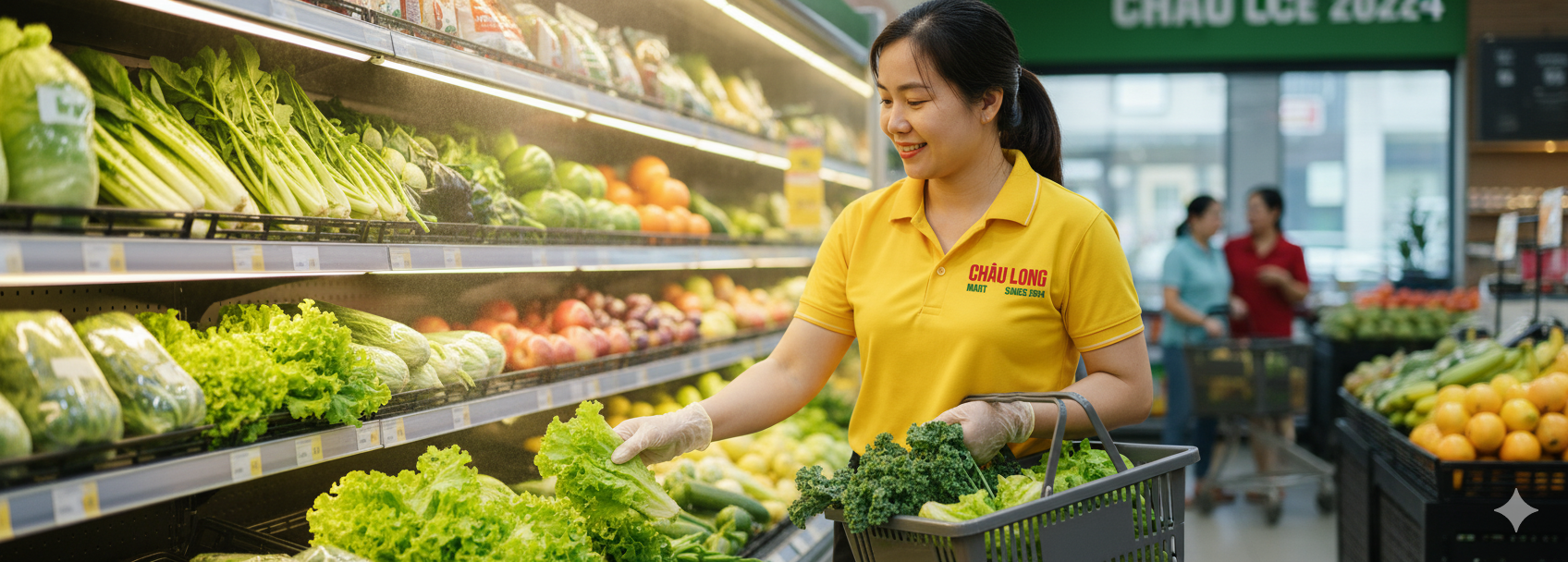 Hình ảnh nhân viên Châu Long Mart đang lựa chọn thực phẩm tươi sống