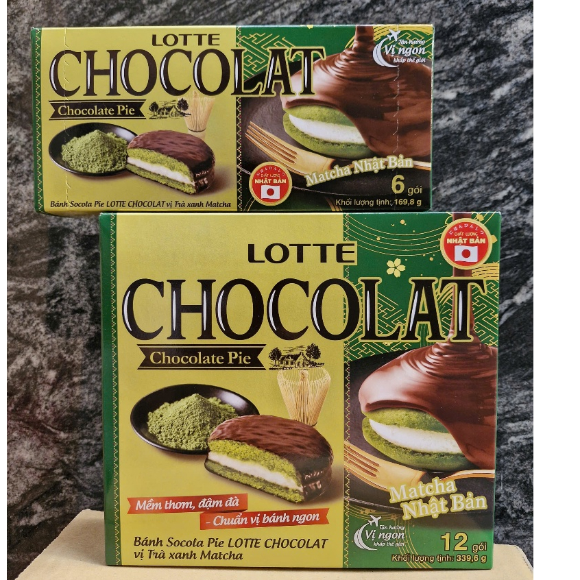 Bánh Socola Pie LOTTE CHOCOLAT Vị Matcha Hộp 339,6G 12P