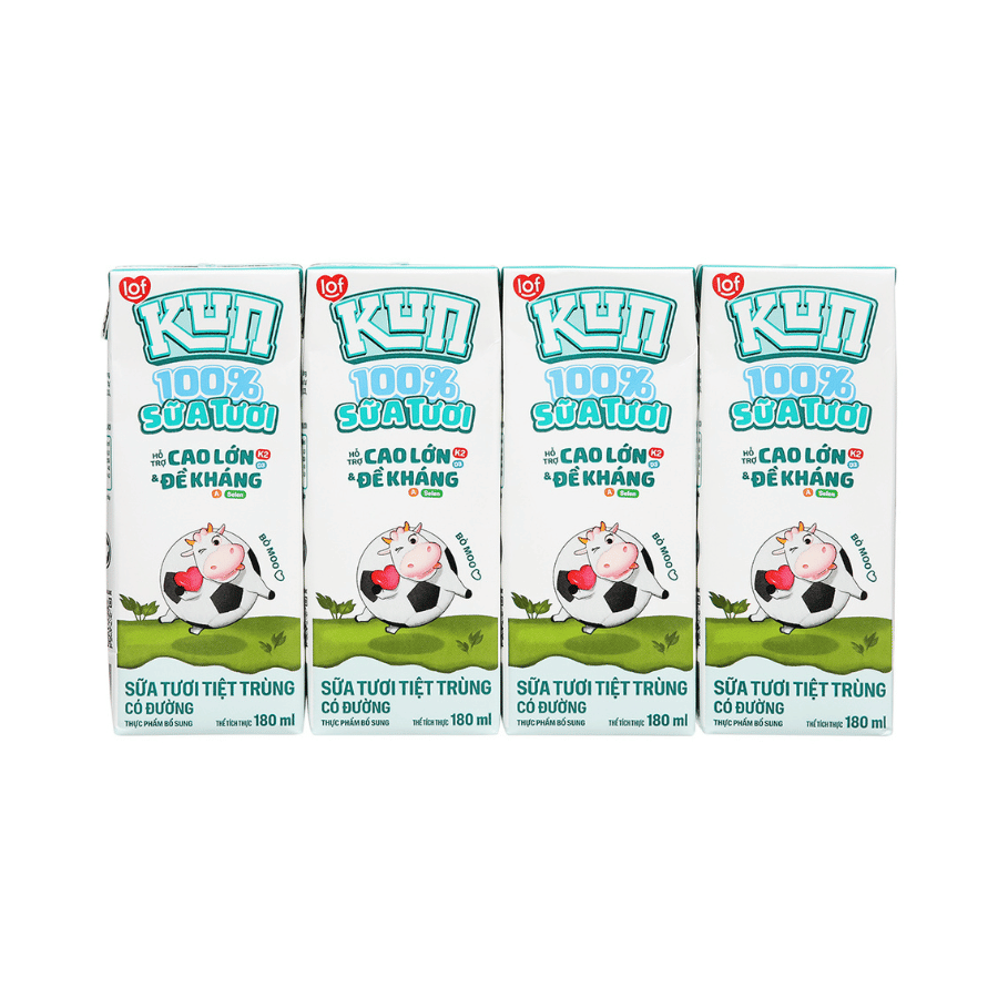 Sữa Tươi 100% Ít Đường Lof Kun Lốc 4 Hộp 180ml