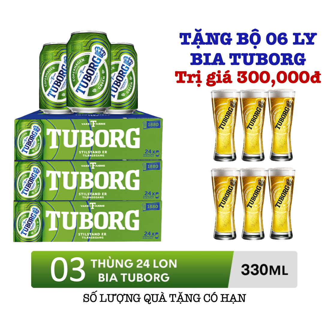 3Thùng Bia TUBORG 24 lon * 330ml - Tặng kèm Bộ 6ly