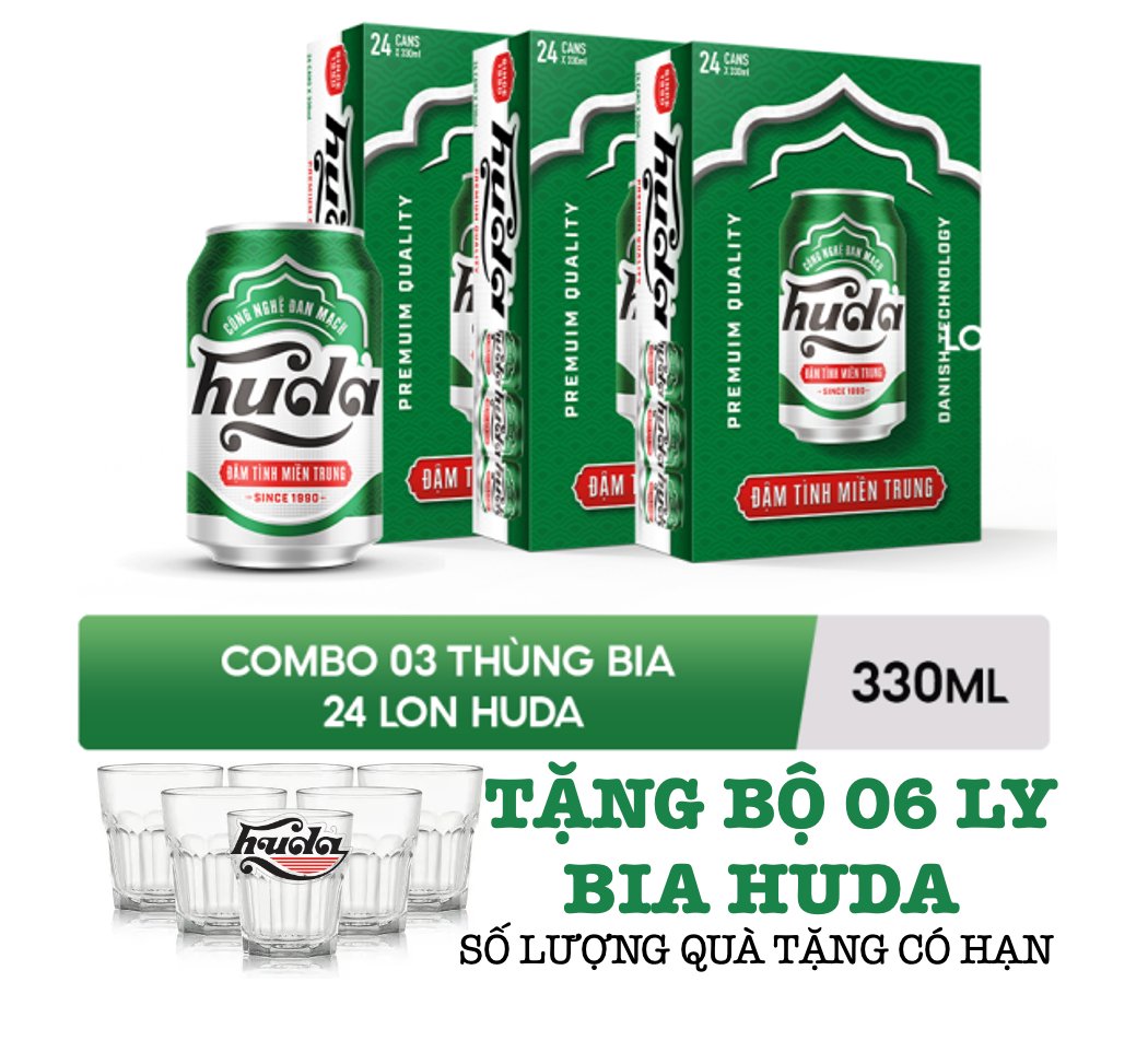 3Thùng Bia HUDA 24 lon * 330ml -Tặng bộ 6ly