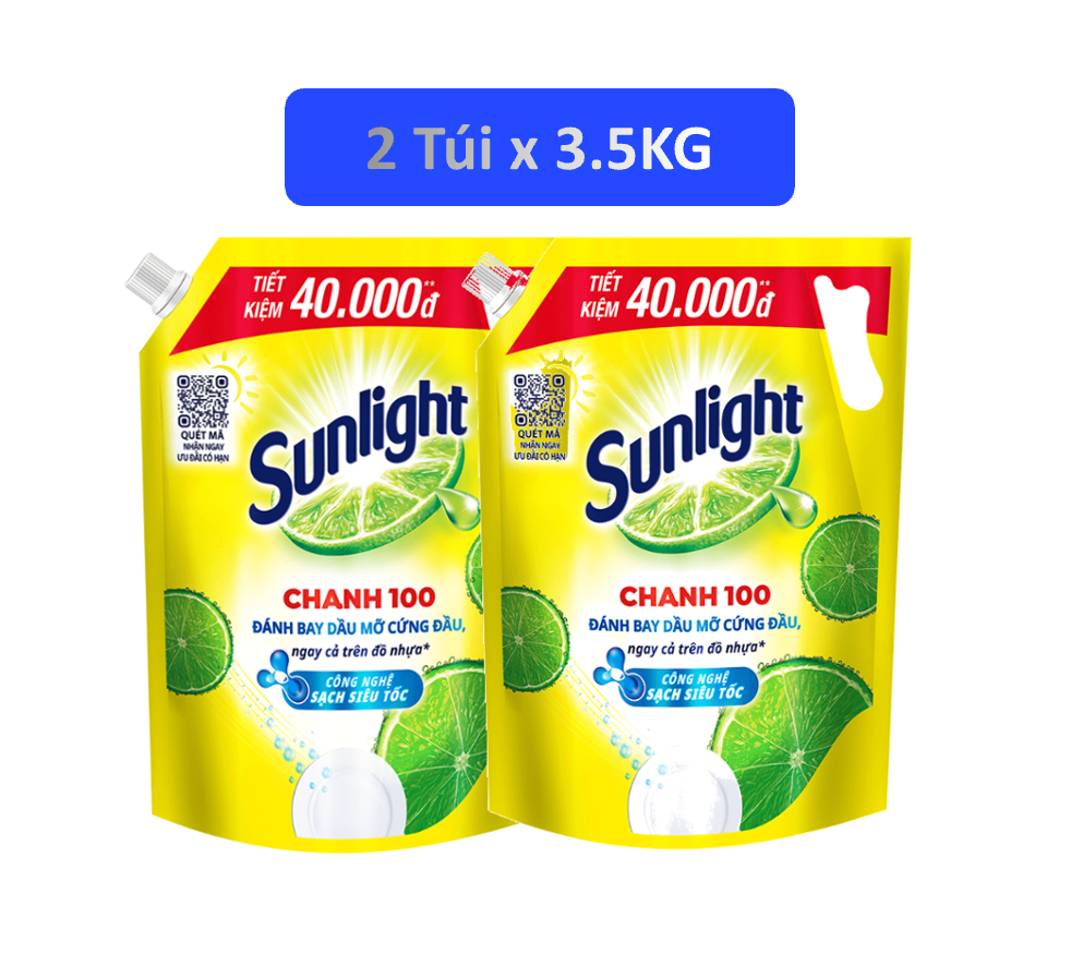 2Túi SUNLIGHT Nước rửa chén Chanh 3.3lít