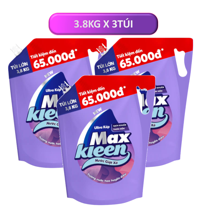 3TÚI MAXKLEEN NƯỚC GIẶT XẢ HƯƠNG HUYỀN DIỆU 3.69LÍT