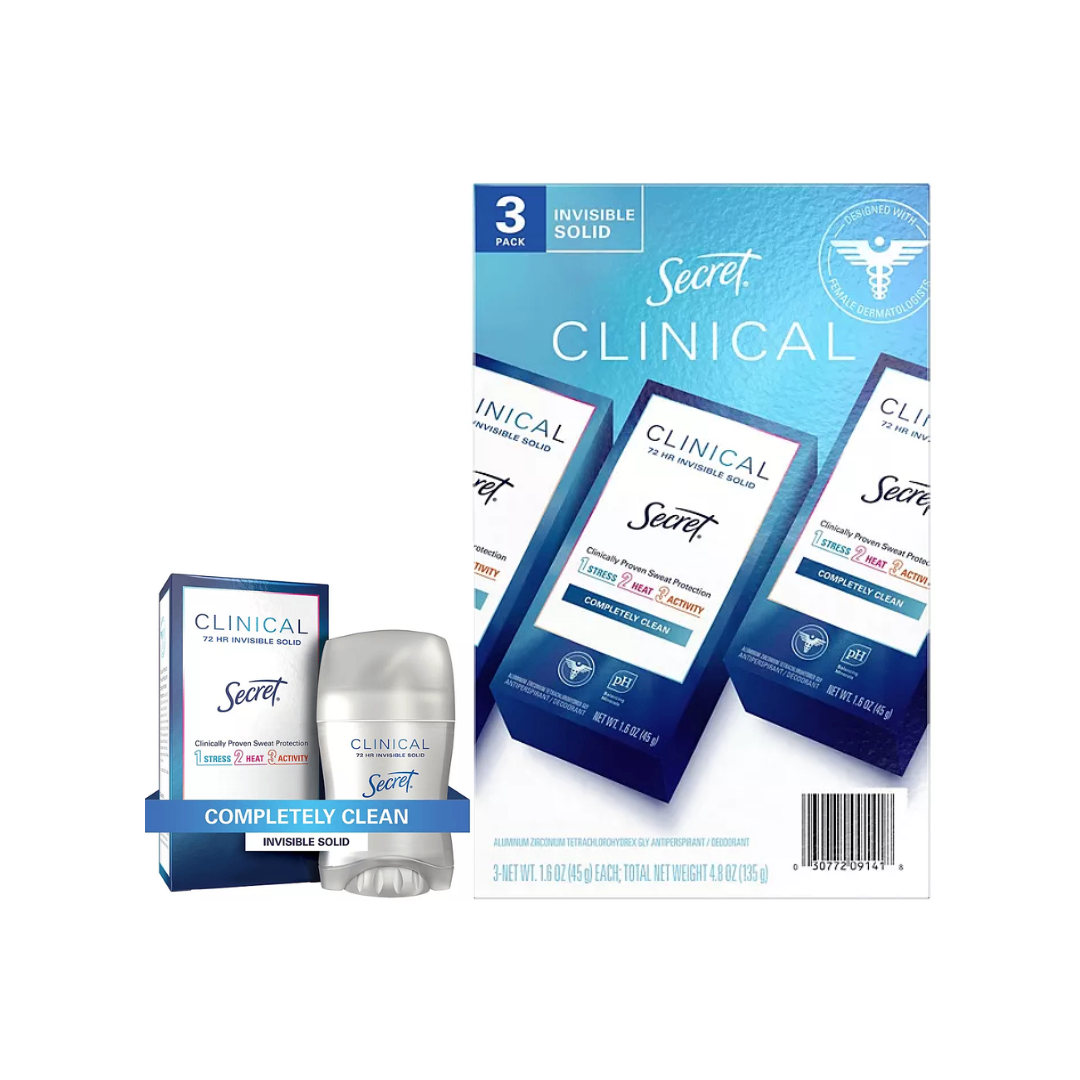 SECRET CLINICAL INVISIBLE SOLID DEODORANT COMPLETELY CLEAN 1.6 OUNCE (3 COUNT X 45G)