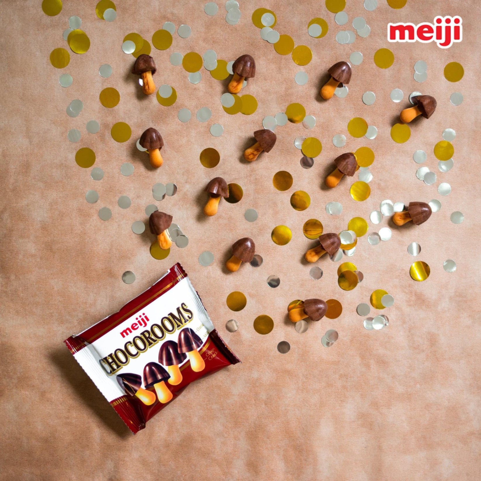 Meiji Chocorooms - Mũ sô cô la với bánh quy giòn, Hộp 24 Gói - Sôcôla Đậm Đà & Bánh Giòn Tan