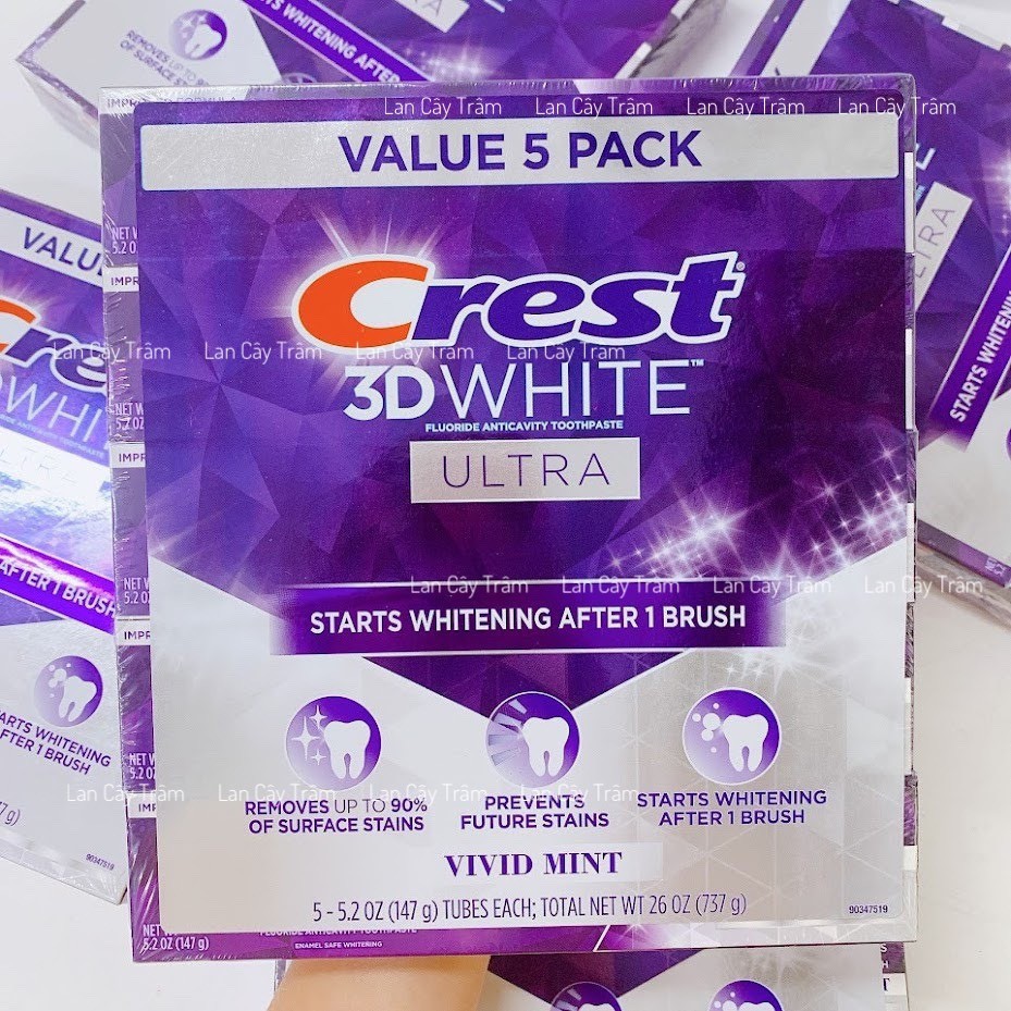 KEM ĐÁNH RĂNG TRẮNG RĂNG 3 TÁC ĐỘNG CREST 3D WHITE ULTRA TEETH WHITENING TOOTHPASTE, VIVID MINT, HƯƠNG BẠC HÀ THE MÁT (147 *5 TUÝP)