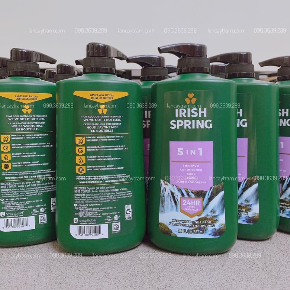 IRISH SPRING 5IN1 DÀNH CHO NAM TẮM + GỘI + XẢ + RỬA MẶT + KHỬ MÙI, DIỆT KHUẨN 24 GIỜ,  887ML