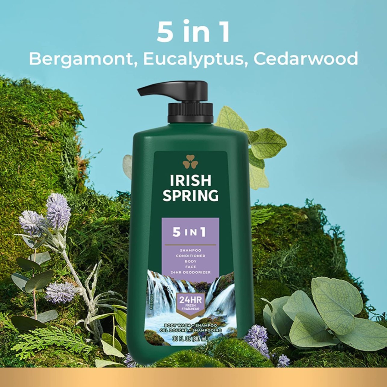 IRISH SPRING 5IN1 DÀNH CHO NAM TẮM + GỘI + XẢ + RỬA MẶT + KHỬ MÙI, DIỆT KHUẨN 24 GIỜ,  887ML