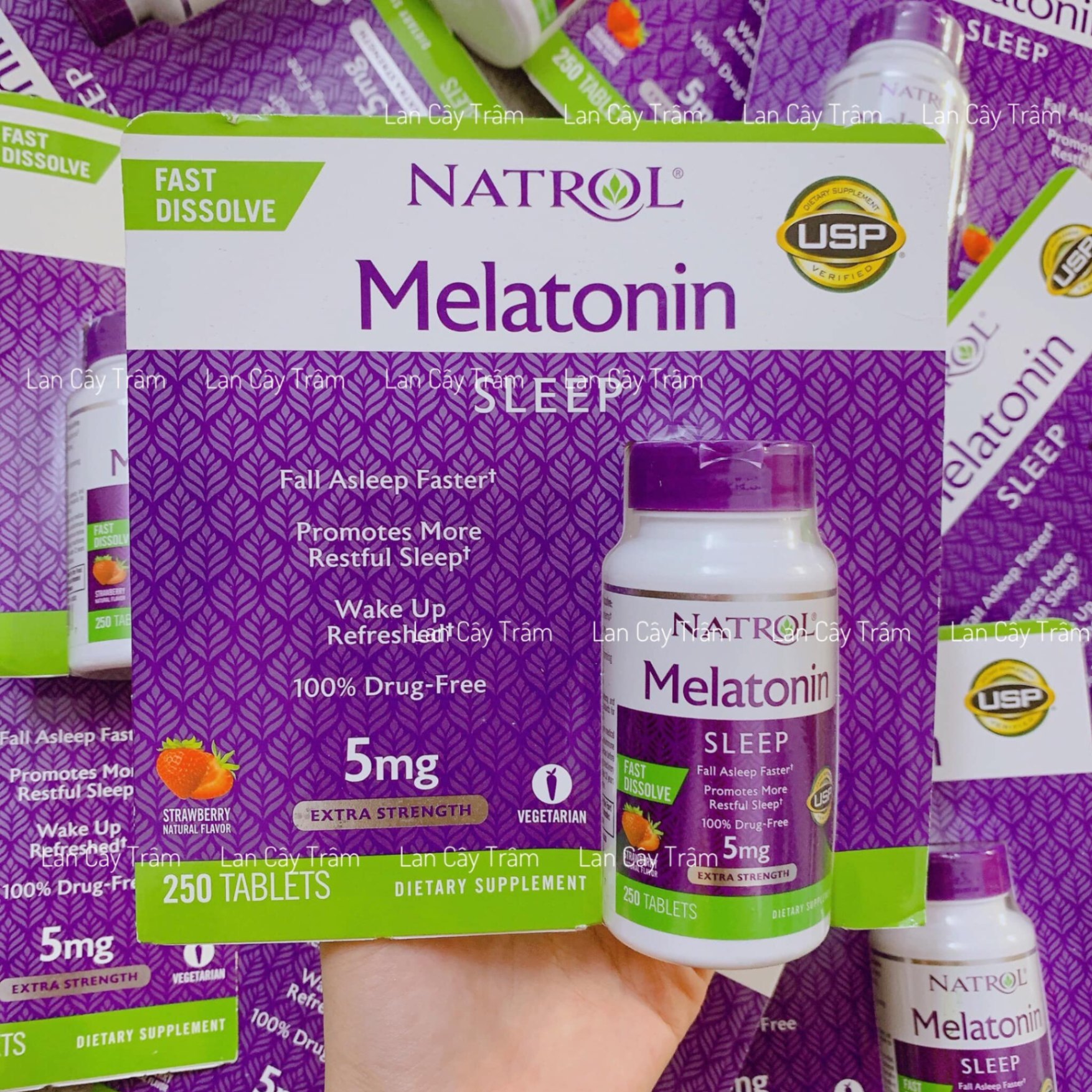 Viên Ngủ Natrol Melatonin 5mg - Hộp 250 Viên, Tan Nhanh, Hương Dâu