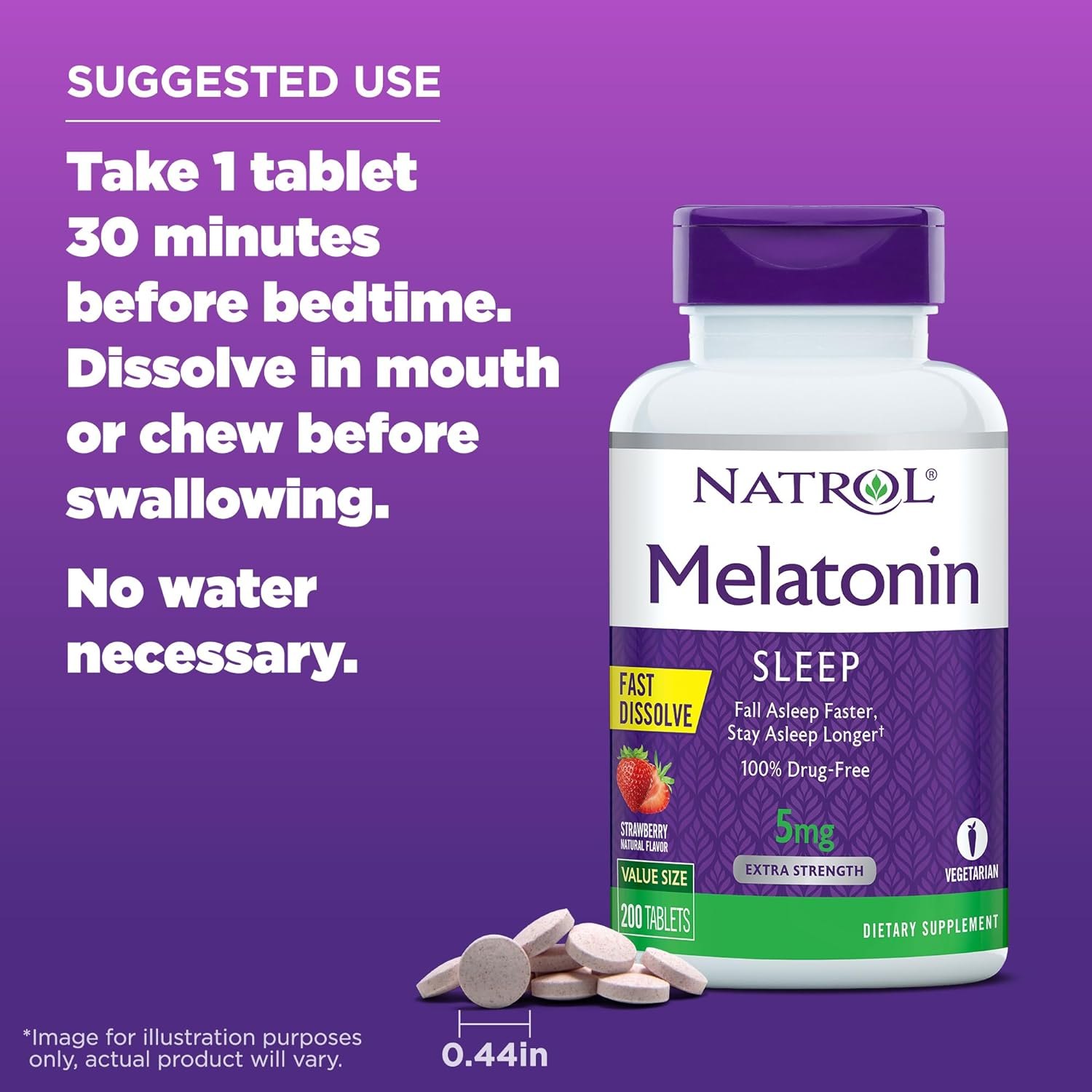 Viên Ngủ Natrol Melatonin 5mg - Hộp 250 Viên, Tan Nhanh, Hương Dâu