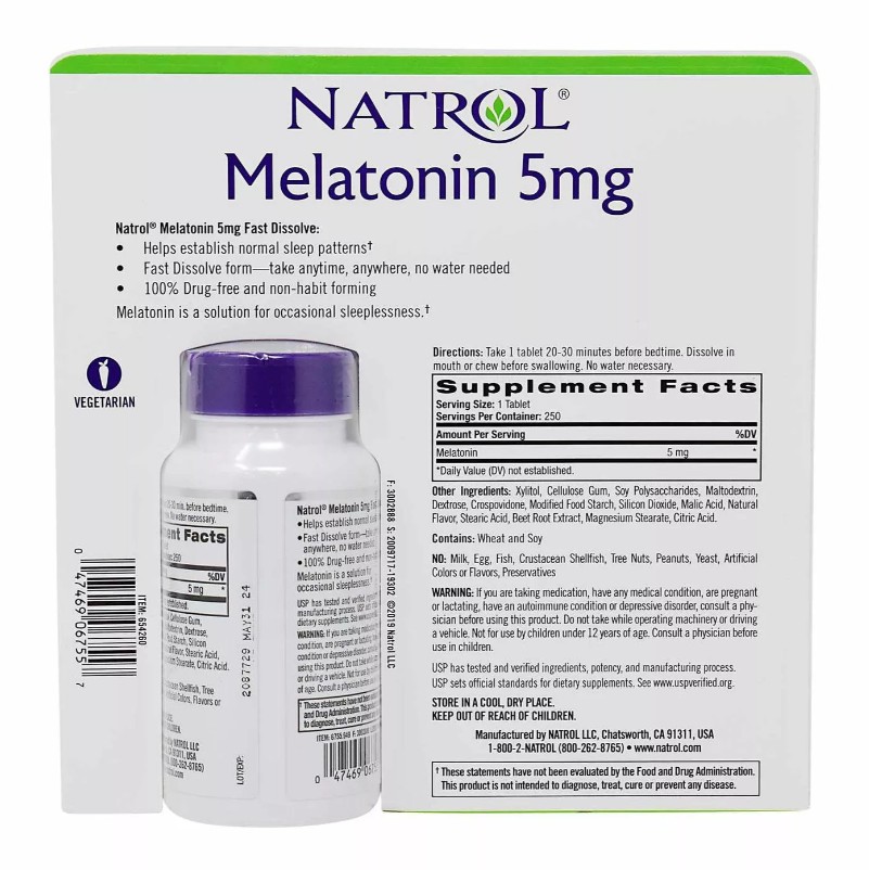 Viên Ngủ Natrol Melatonin 5mg - Hộp 250 Viên, Tan Nhanh, Hương Dâu