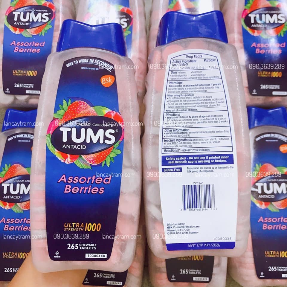 TUMS Antacid Ultra Strength 1000 - Viên Nhai Giảm Ợ Nóng, Hương Dâu, Hộp 265 Viên