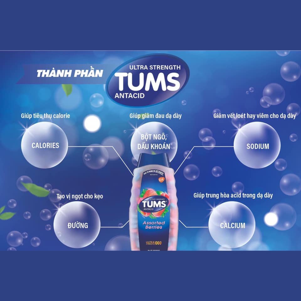 TUMS Antacid Ultra Strength 1000 - Viên Nhai Giảm Ợ Nóng, Hương Dâu, Hộp 265 Viên