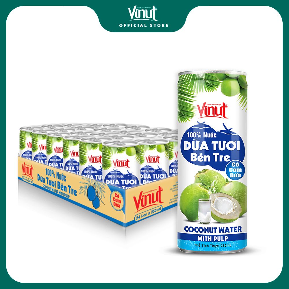 Khay 24 Lon Nước Dừa Có Thịt Bến Tre Vinut 250ml