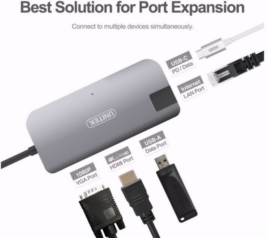 Cáp chuyển Type C ra USB/USB-C PD/HDMI/VGA/LAN/SD Unitek Y-DK09016GY