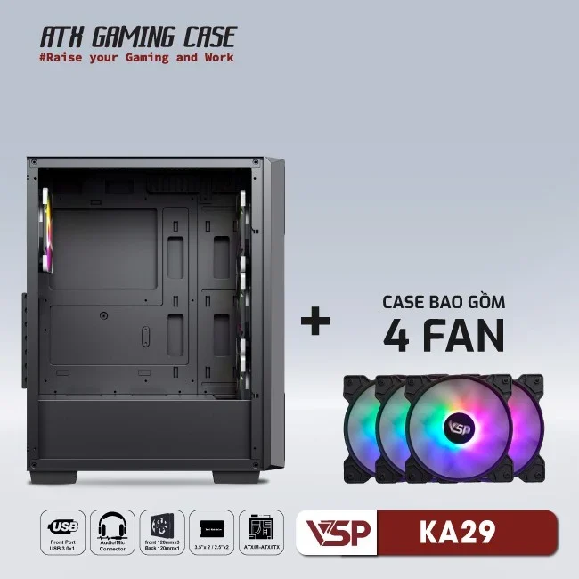 Case VSP Game KA29 Black ( Kèm 4 Fan RGB )