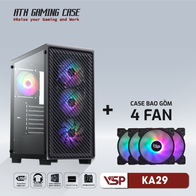 Case VSP Game KA29 Black ( Kèm 4 Fan RGB )