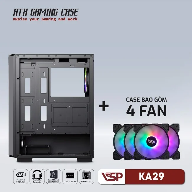 Case VSP Game KA29 Black ( Kèm 4 Fan RGB )