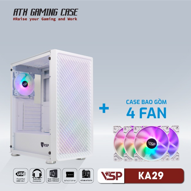 Case VSP Game KA29 White ( Kèm 4 Fan RGB)