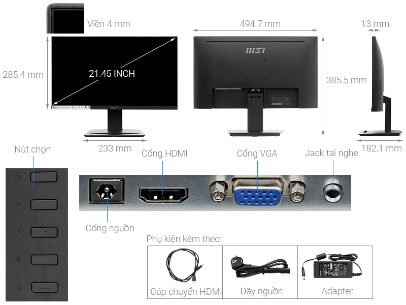 Màn hình MSI Pro MP223 (21.45''FHD/ VA/ 100Hz/ 5ms/250nits/HDMI+VGA/Phẳng)