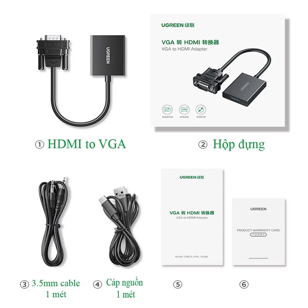 Cáp chuyển VGA to HDMI + Audio( kèm nguồn USB-C) Ugreen 30cm 50945