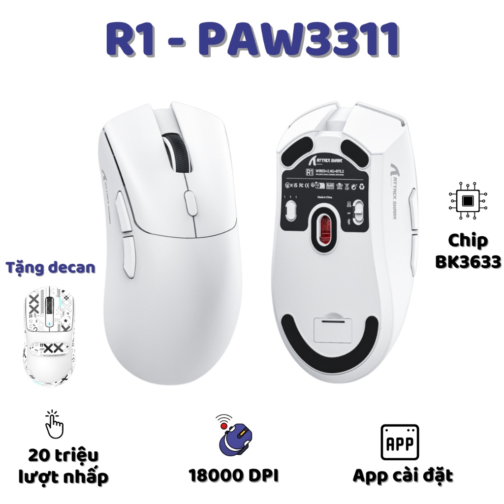 Chuột Gaming Attack Shark R1 - White | Wireless, 3 Mode