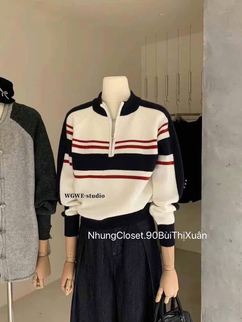 ÁO LEN KẺ CỔ KHOÁ QC THAN PHỐI TRẮNG