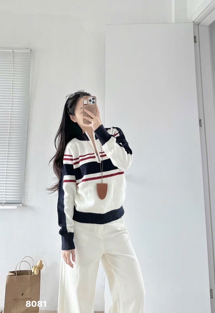 ÁO LEN KẺ CỔ KHOÁ QC THAN PHỐI TRẮNG
